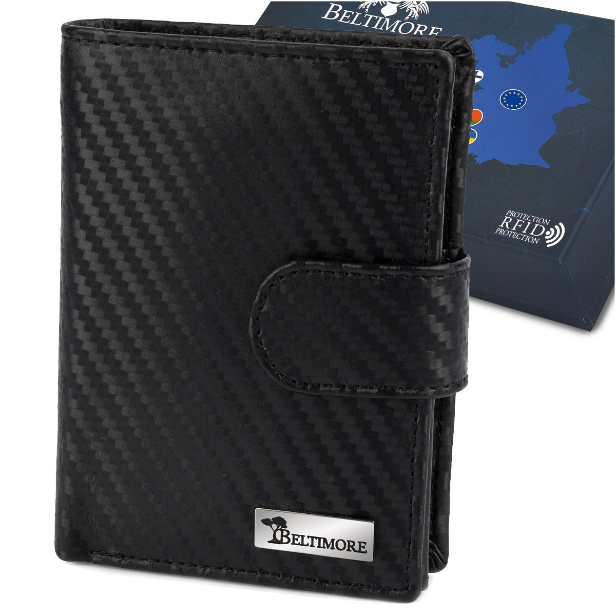 Męski portfel skórzany pionowy klasyczny RFiD duży czarny carbon premium Beltimore P04