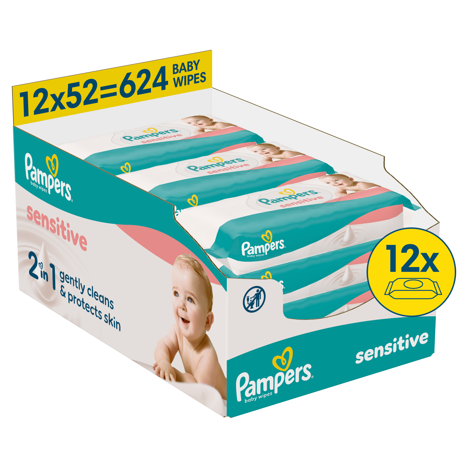 Pampers Sensitive, chusteczki nawilżane, delikatna skóra dzieci i niemowląt, 12 x 52 sztuki