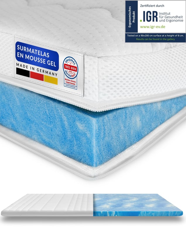 Materac nawierzchniowy Premium Plus z pianki żelowej 150x200 cm (wys. 8 cm) z RG 50, pianką memory, pokrowcem Tencel