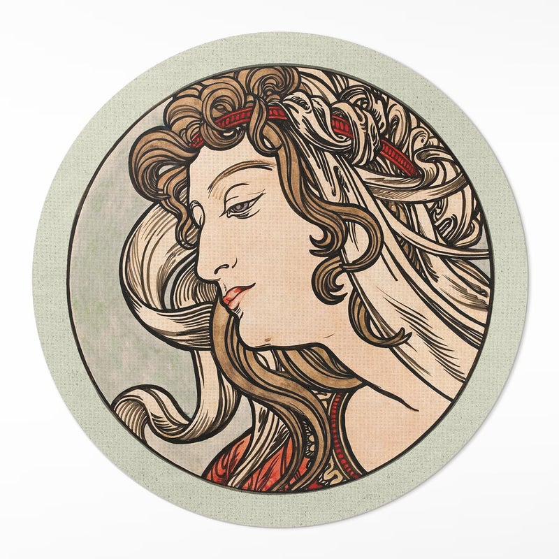 Dywan winylowy okrągły, kobiecy portret styl Art Nouveau 140x140 cm – ArtPrintCave