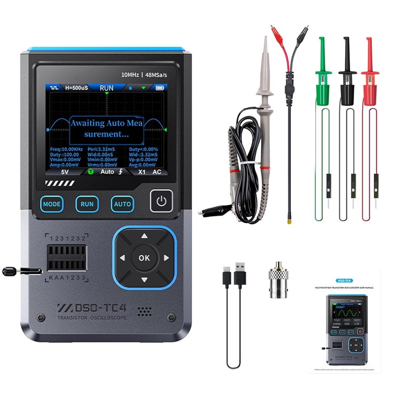 Oscyloskop DSO-TC4 3 w 1 – tester tranzystorów i generator sygnału, 10 MHz, 48 MSa/s, przenośny ekran LCD