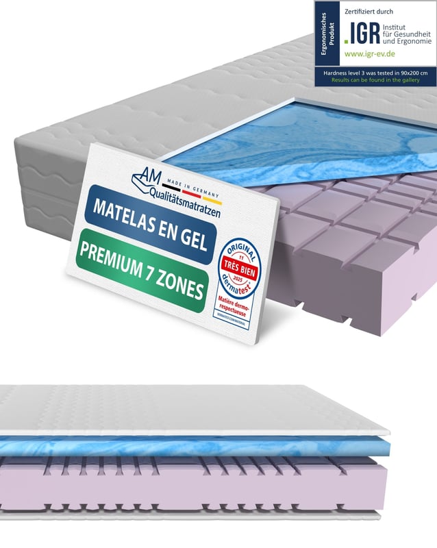 Materac żelowy Premium 7-strefowy 140x200 H3, pianka memory, pokrowiec Tencel