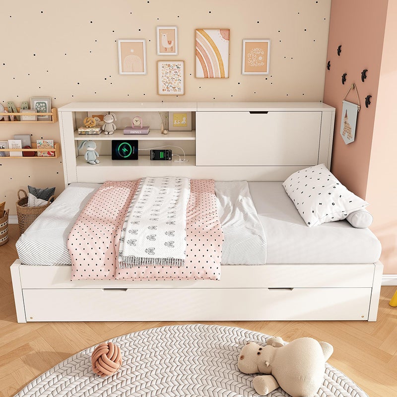 Łóżko tapicerowane 90 x 200 cm z wysuwanym łóżkiem 90 x 190 cm z otwartą komorą, stacją ładującą USB/USB-C, białe