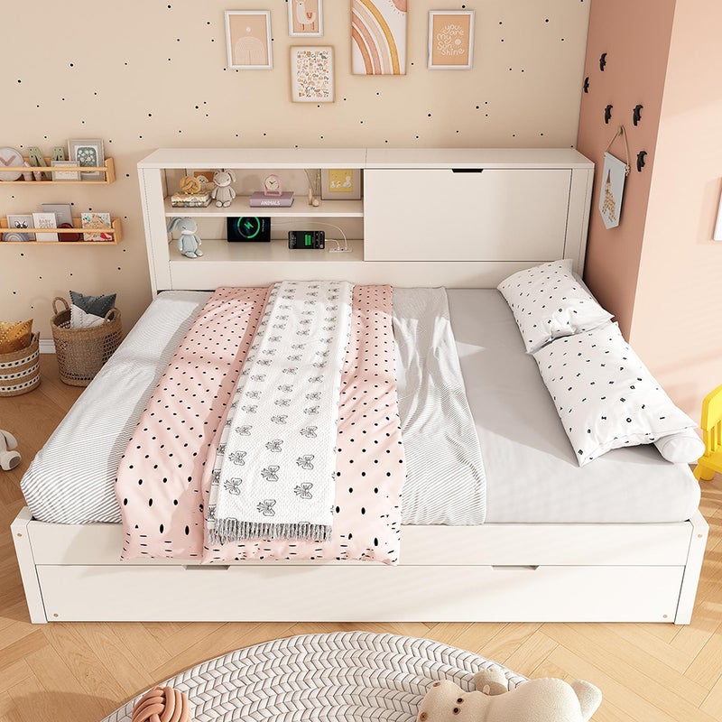 Łóżko tapicerowane 140 x 190 cm z wysuwanym łóżkiem 90 x 190 z otwartą przegrodą, stacją ładującą USB/USB-C, białe