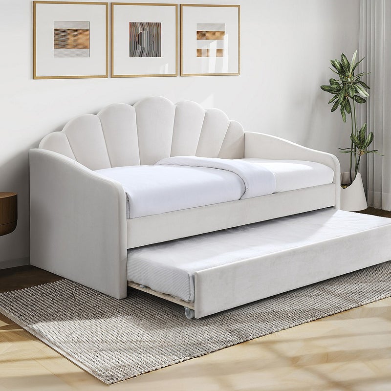 Łóżko wysuwane w kształcie muszli 2 × 90 × 190 cm – welur – białe – ELUSIA