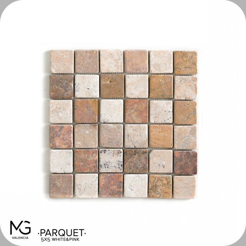 Mozaika z naturalnego marmuru 30 x 30 cm PARQUET 5x5 WHITE & PINK (Opakowanie 11 siatek = 1 m²)