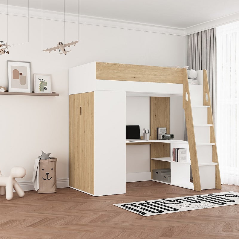 Łóżko antresola 90 x 190 cm z szafą i biurkiem – Kolor: Naturalny i biały - ARMONESA