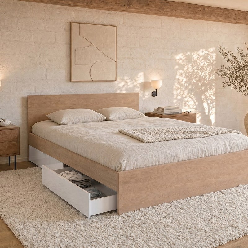 Łóżko z 2 szufladami 140 x 190 cm - kolor: Naturalny i beżowy - VELONA