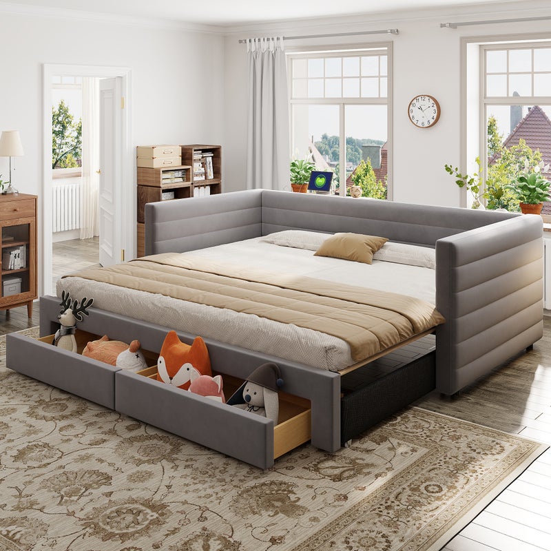Tapicerowane Łóżko Sofa Rozkładana 3 w 1 Wysuwana 90x190 cm z Szufladami, Konwertowane na Łóżko Pojedyncze/Podwójne, Szare Bawełna i Len