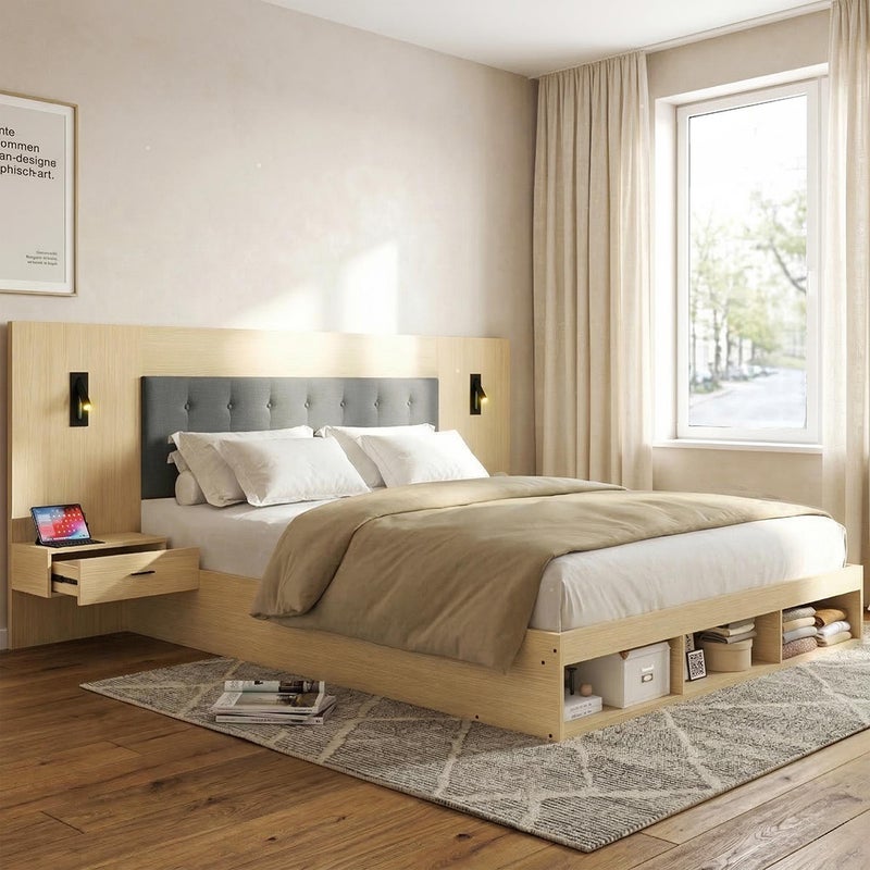 Łóżko podwójne 160 × 200 cm, wyposażone w stację ładującą USB i Type-C oraz lampkę do czytania, z 2 szafkami nocnymi, jasny dąb