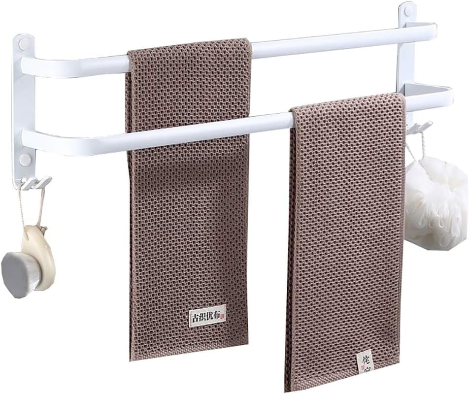 Wieszak łazienkowy na ręczniki, biały, z 2 haczykami, aluminiowy wieszak na ręczniki, 2 poziomy 50 cm