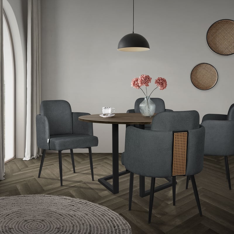 ML-Design krzesła do jadalni 6 antracyt tapicerowane materiałowe z podłokietnikami rattanowe oparcie metalowe nogi ergonomiczne komfortowe