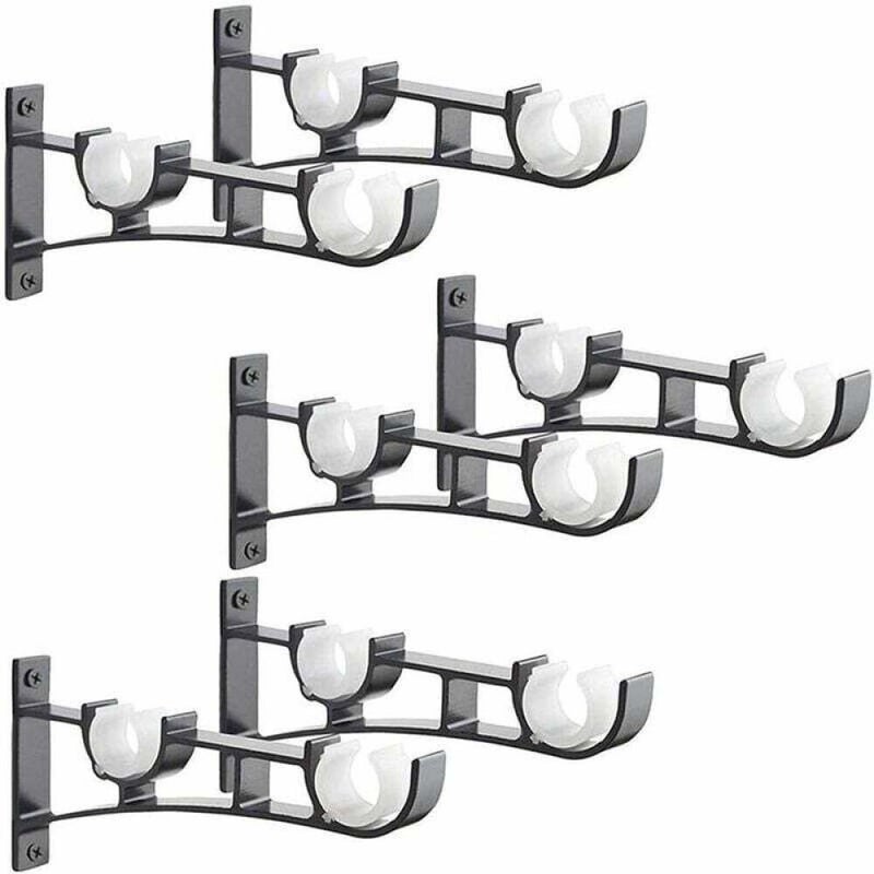 Zestaw 6 podwójnych uchwytów do karniszy – czarne aluminiowe, solidne mocowanie ścienne/metalowe do okna/biura