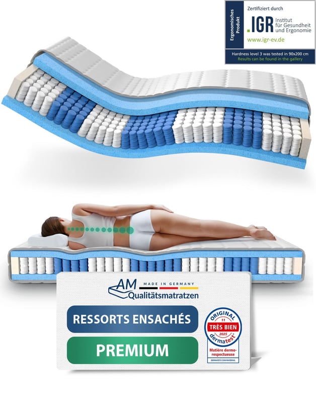 Materac kieszeniowy premium 140x180cm wys. 3,24cm, 480 sprężyn na 2 m², z pokrowcem Tencel