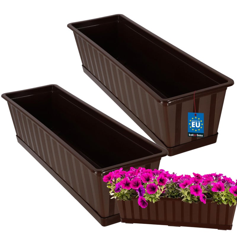 2 szt. Doniczka - Skrzynka Balkonowa - 60 x 18 x 14 cm - Skrzynia na Balustradę Balkon - Donica z Podstawką - Brąz KOTARBAU