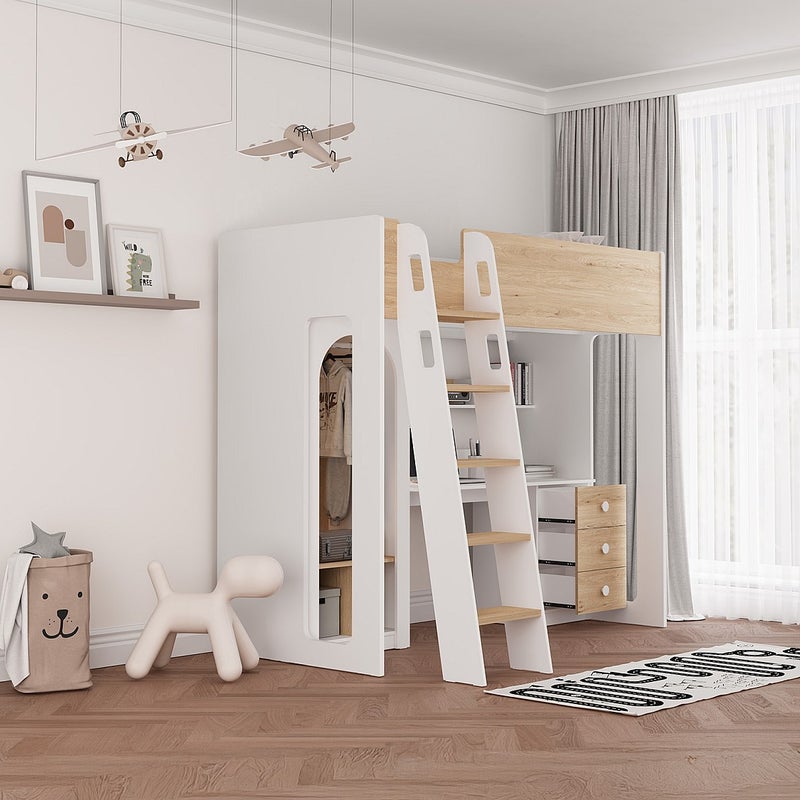 Łóżko antresola 90 x 190 cm z szafą i biurkiem - Kolor: Naturalny i biały - ALVENOU