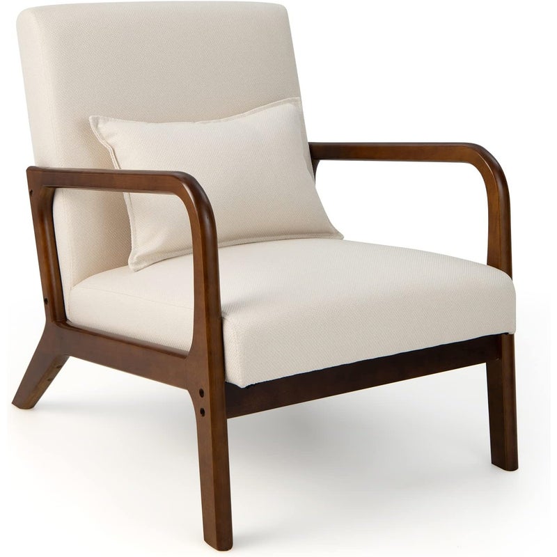 Fotel do salonu, tapicerowany, nowoczesne krzesło, drewno, z podłokietnikami, jednoosobowa sofa do salonu, sypialni, 65 x 79 x 77 cm, beżowy