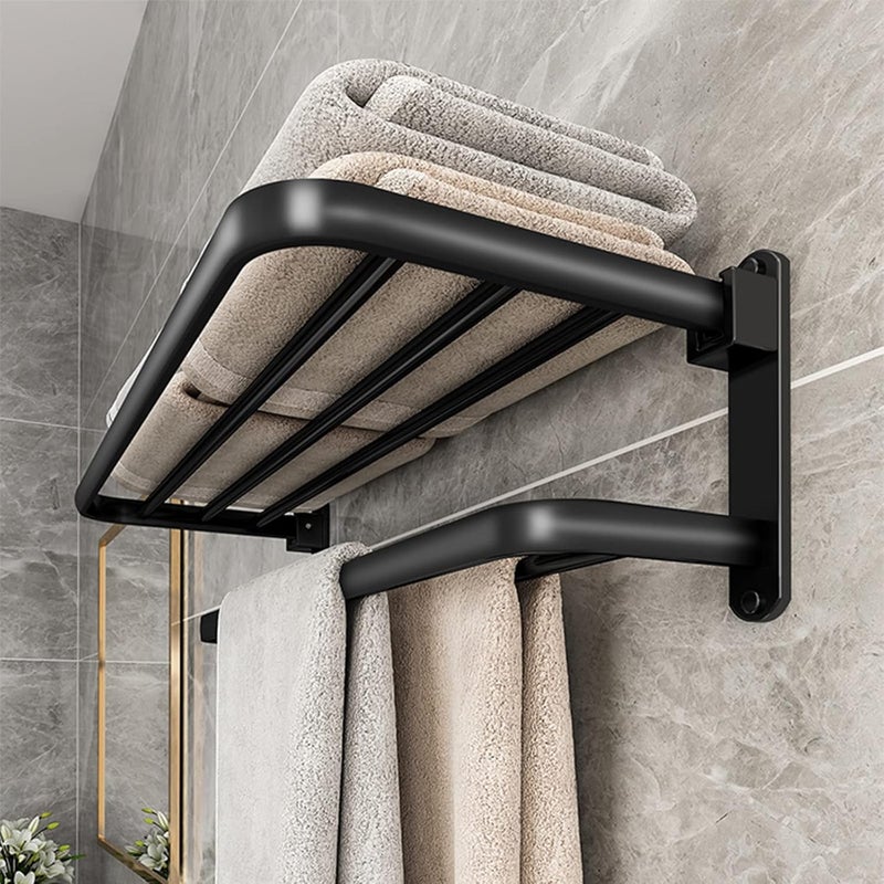 Wieszak na ręczniki ścienny z 2 drążkami, samoprzylepne relingi, aluminiowy uchwyt łazienkowy, czarny matowy 60 cm