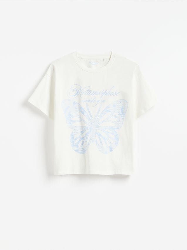 Reserved - Luźny t-shirt z nadrukiem - złamana biel