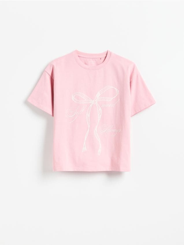 Reserved - Luźny t-shirt z nadrukiem - różowy