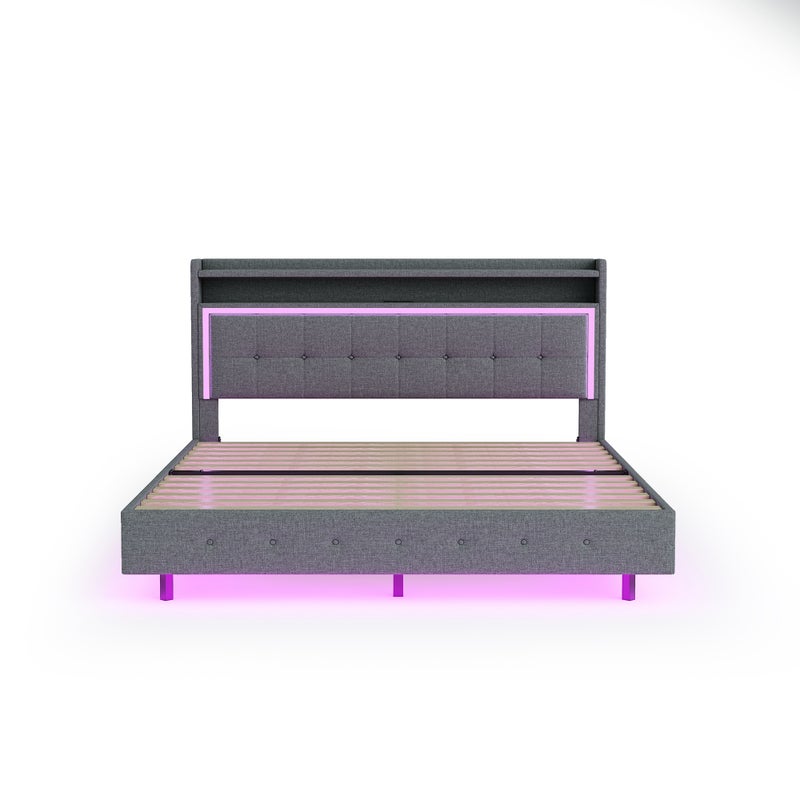Łóżko tapicerowane 160x200cm, oświetlenie LED, ładowanie USB, schowek, podstawa z listew, bez materaca, beżowy, tapicerka welurowa, tkanina lniana
