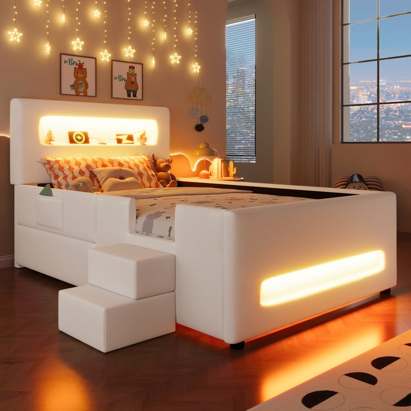 Wyściełane łóżko z platformą (90 x 200 cm) ze schodami, szufladami, listwami świetlnymi LED, kieszeniami na USB i schowkami, białe