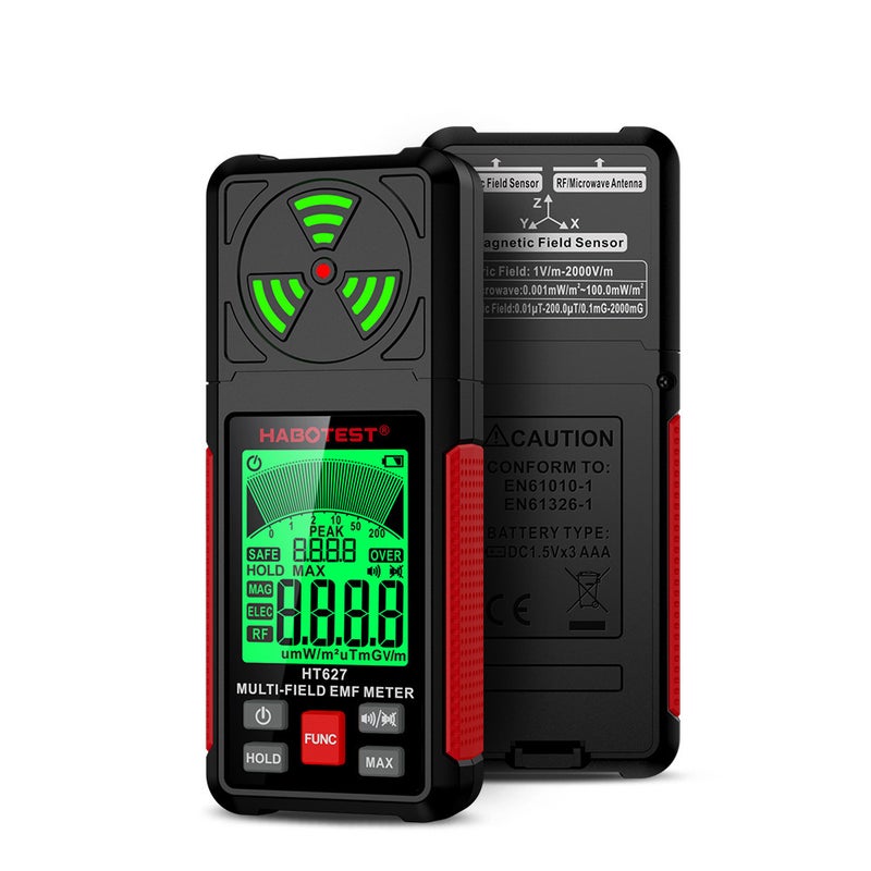 Detektor PEM 3 w 1 – mierzy pola elektromagnetyczne EF/RF/MF z alarmem, idealny do domu i biura