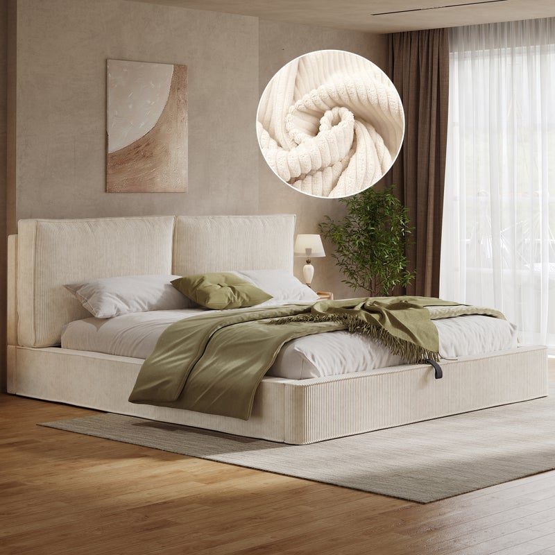 Łóżko tapicerowane 180 x 200 cm, beżowy, do sypialni, do codziennego użytkowania, funkcjonalny element wyposażenia