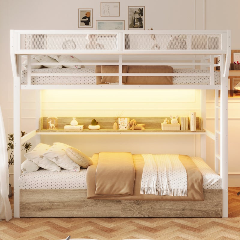 Łóżko piętrowe 2 x 90 x 200 cm z półką, 2 szufladami, koszem nocnym i oświetleniem LED – metal i płyta MDF – białe