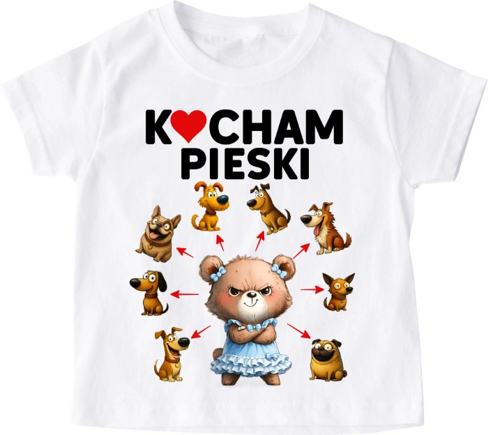 Koszulka dziecięca dla miłośnika psów ''KOCHAM PIESKI'' misia w sukience)