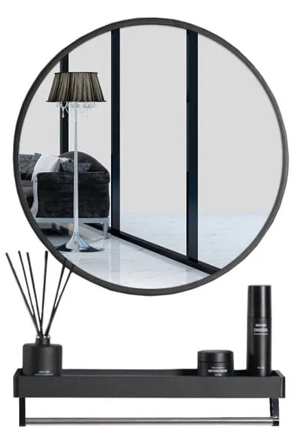 Zestaw okrągłe czarne lustro 60 cm z półką H2-D58