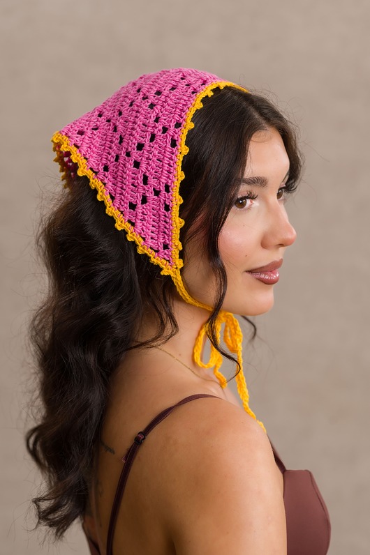 Bawełniana szydełkowa chustka bandana różowo-żółta letnia