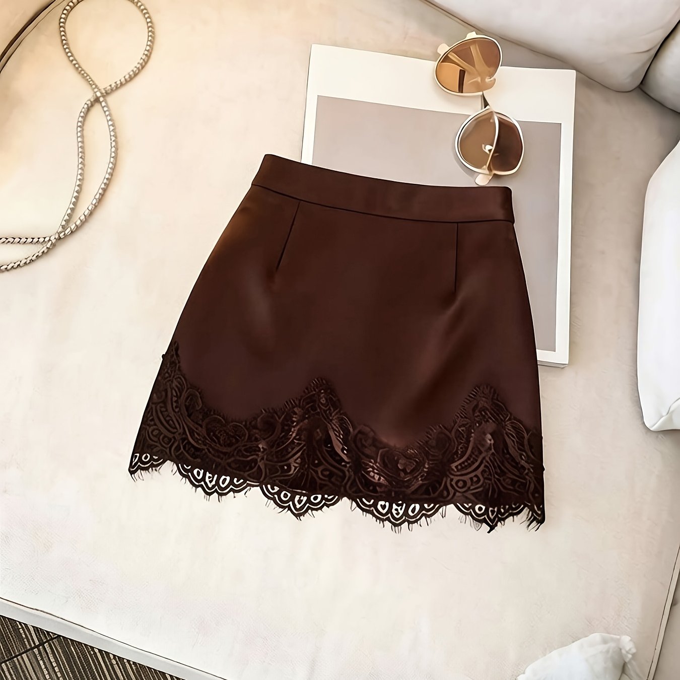 TEMU Elegancki i modny damski zestaw w stylu vintage na wiosnę i , składający się z krótkiej spódniczki z wysokim stanem i koronkowym wykończeniem,