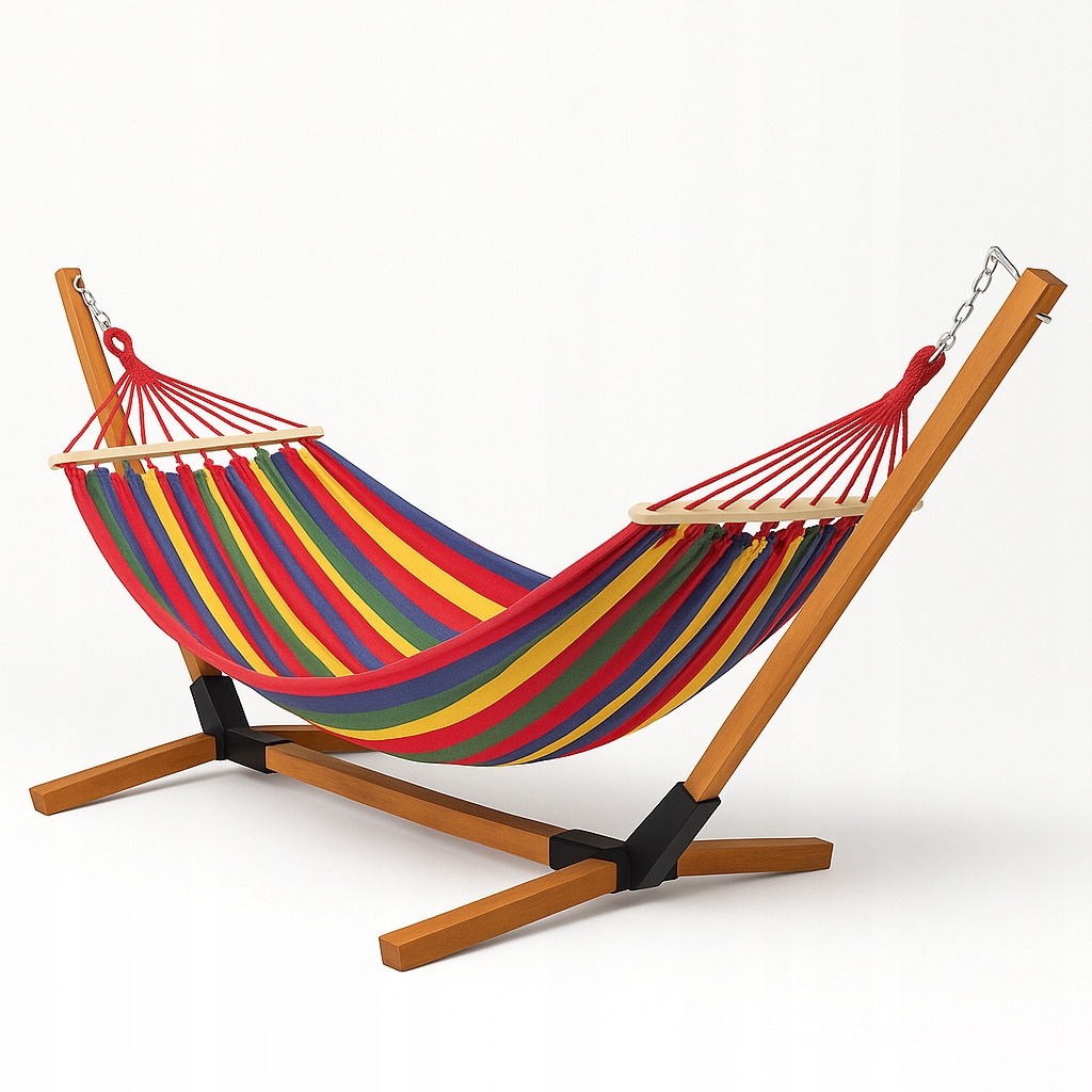 Exsmart Hamak Ogrodowy Dwuosobowy Ze Stelażem Drewnianym Zestaw 300kg EX025-MULTICOLORED