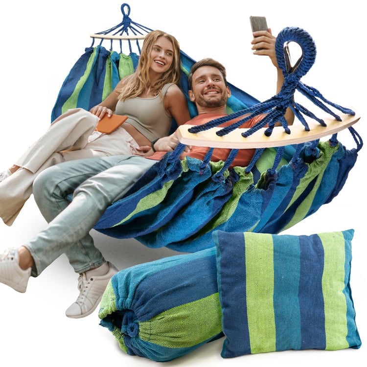 Exsmart Hamak Ogrodowy Dwuosobowy z Poprzeczką Niebieski 250x155cm + Poduszka HAMAK004