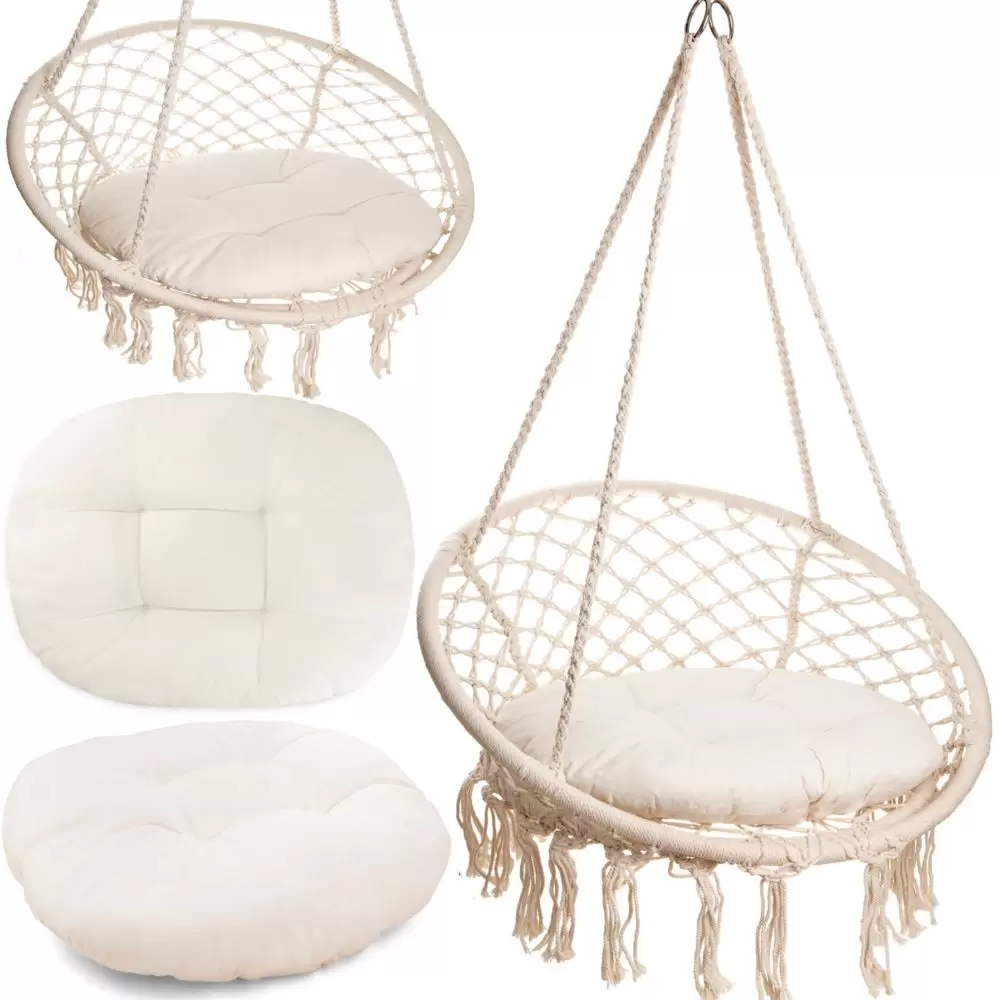 Exsmart Fotel Wiszący Huśtawka Bocianie Gniazdo BOHO Ecru + Poduszka SDH232
