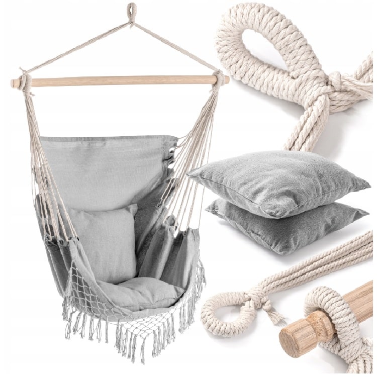 Exsmart Fotel Wiszący Krzesło Brazylijskie Huśtawka Szary + 2x Poduszka G182-GREY
