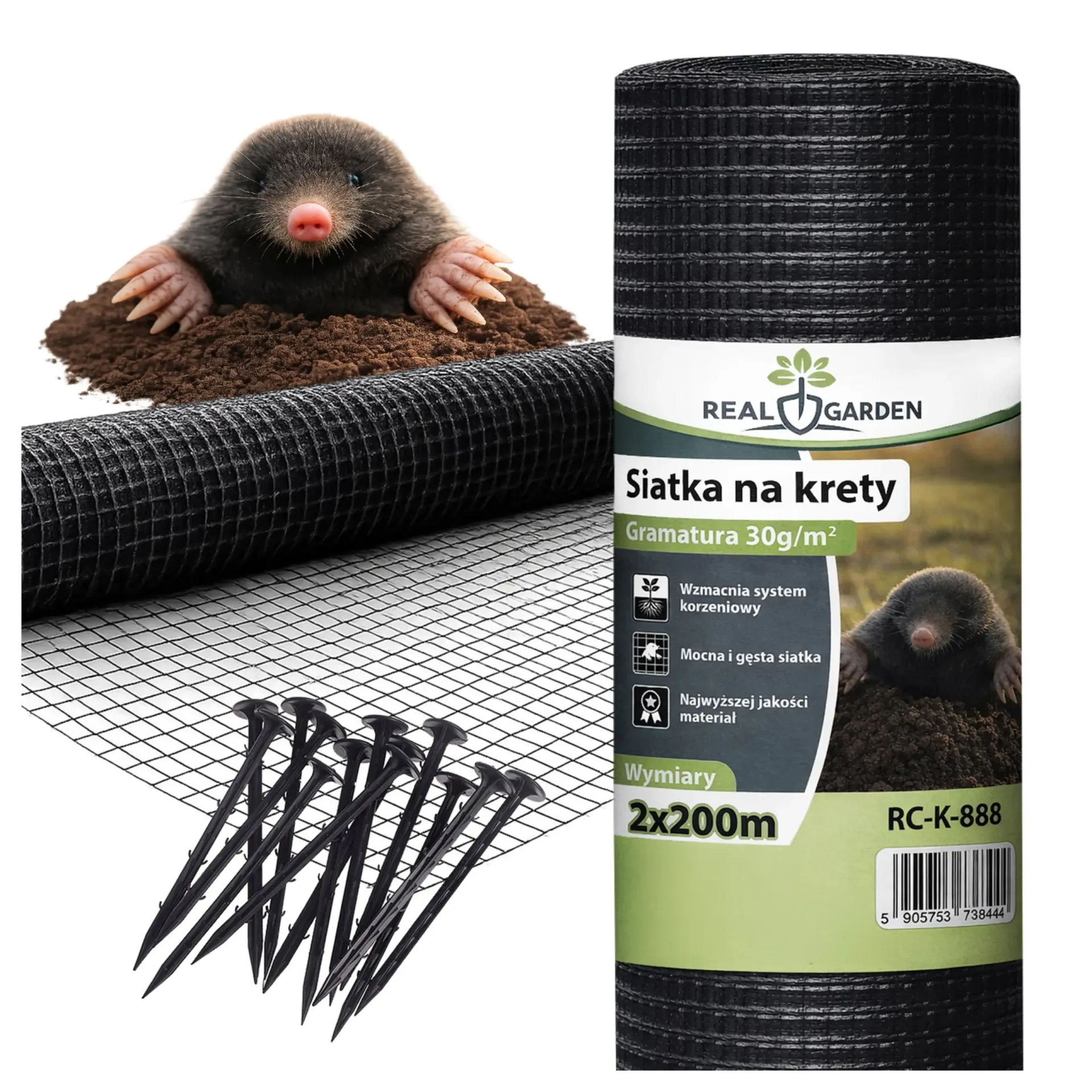 Real Garden Siatka Na Krety Nornice Pod Trawnik 30g/m² 2x200m + Kotwy RC-K-888