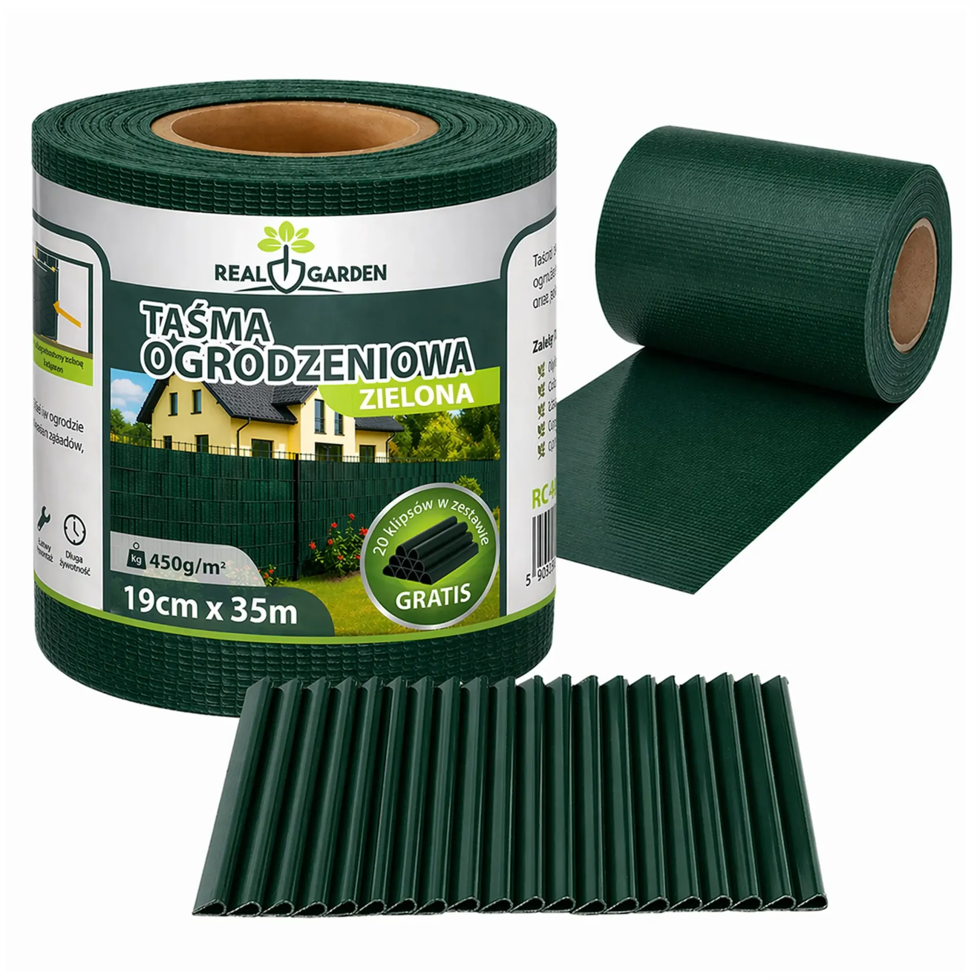 Real Garden Taśma Ogrodzeniowa Osłona Panelowa Na Ogrodzenie Zielony 19cm x 35m 450 g/m²