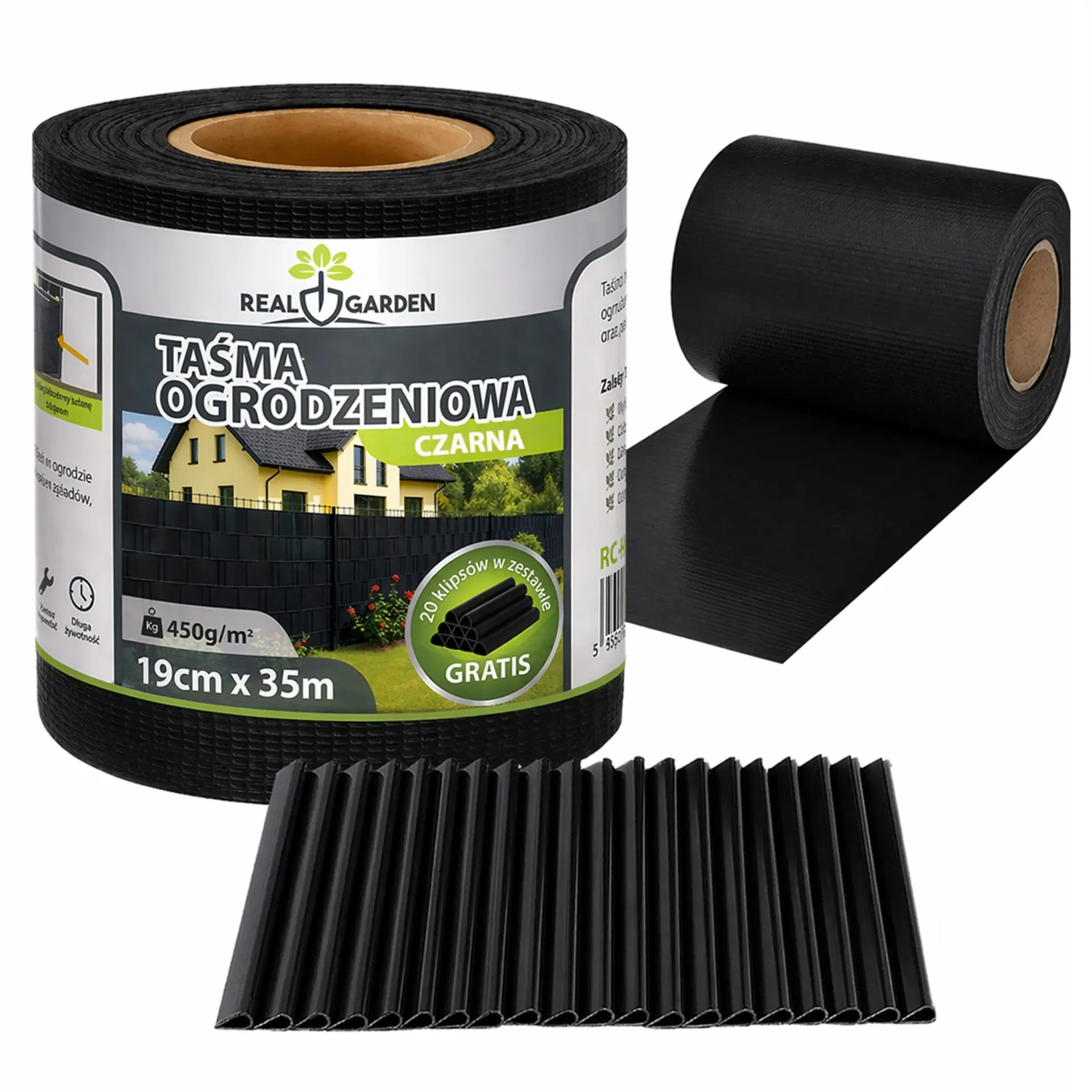 Real Garden Taśma Ogrodzeniowa Osłona Panelowa Na Ogrodzenie Czarny 19cm x 35m 450 g/m²