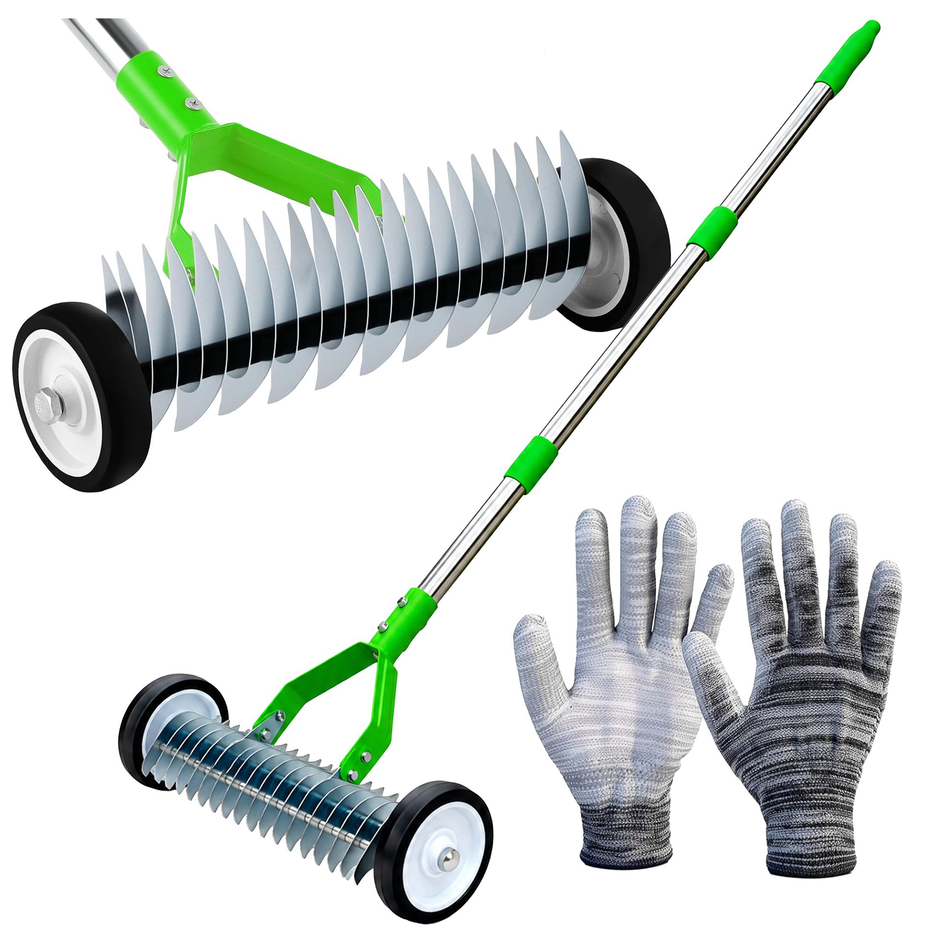 Exsmart Aerator Wertykulator Ręczny Na Kółkach Zielony 130x32cm + Rękawiczki RC-K-2538