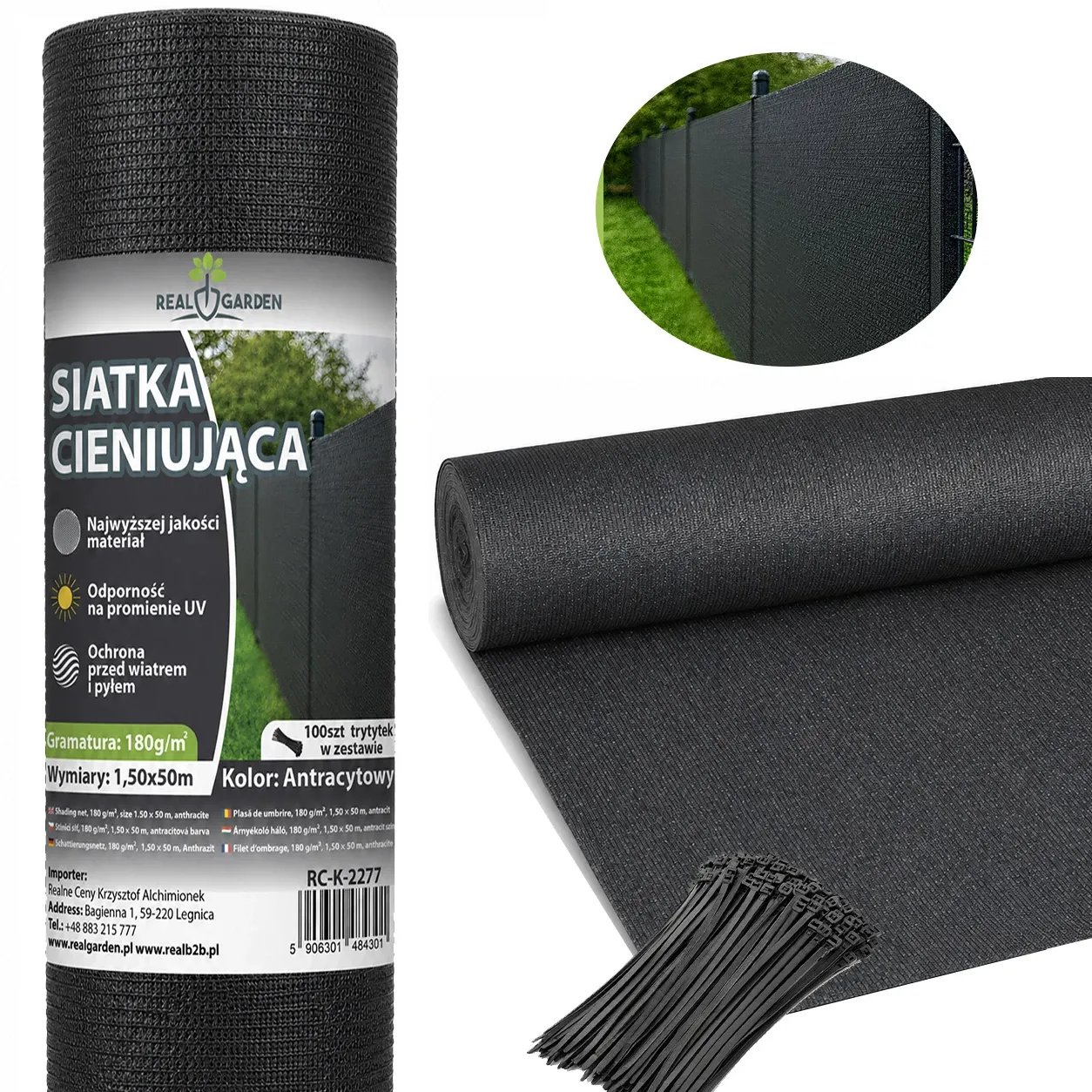 Real Garden Siatka Cieniująca 1,5x50m Maskująca 95% Osłona Mata Na Ogrodzenie 180g + 100x Opasek