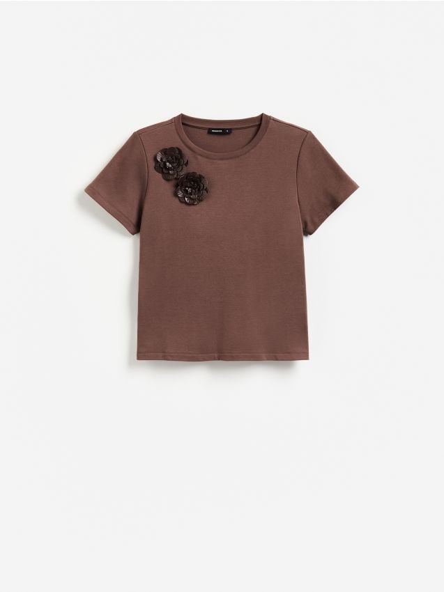 Reserved - T-shirt z ozdobnymi aplikacjami - ciemnobrązowy