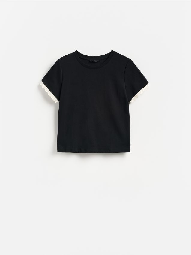 Reserved - T-shirt z ozdobną koronką - czarny
