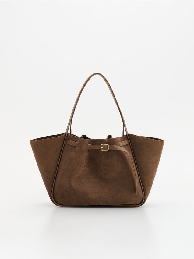 Reserved - Torebka shopper z imitacji zamszu - beżowy