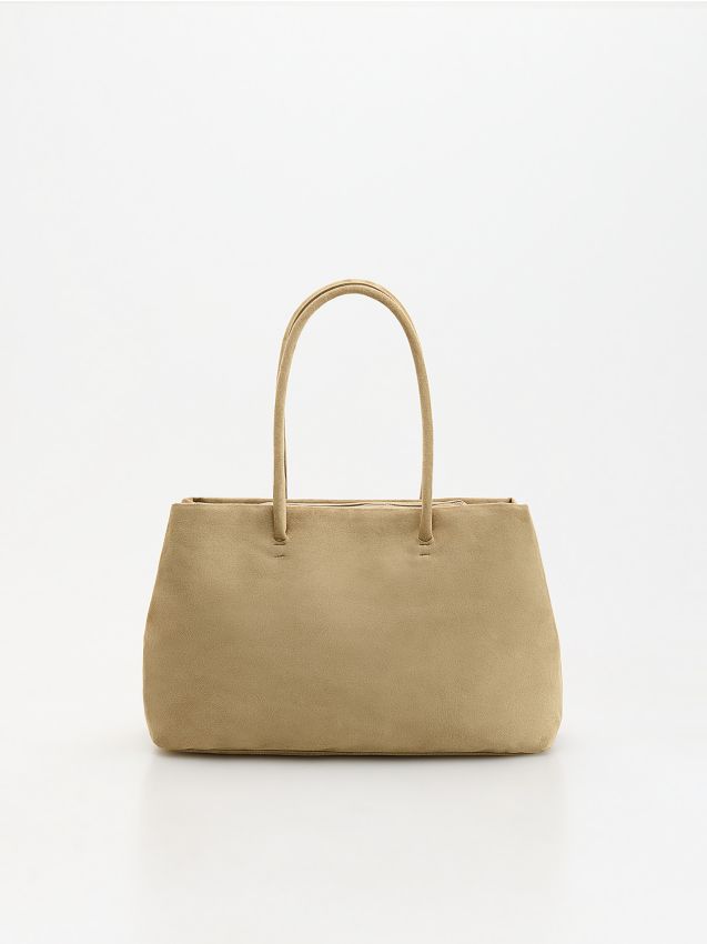 Reserved - Torebka shopper z imitacji zamszu - beżowy