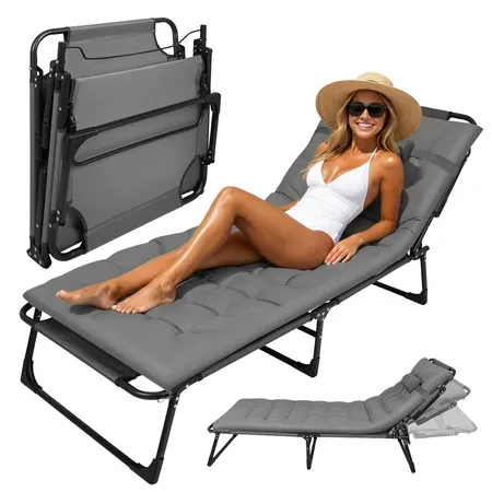 TRIZAND Leżak Ogrodowy Plażowy Składany z Poduszką Szary 192x68x28cm 27633