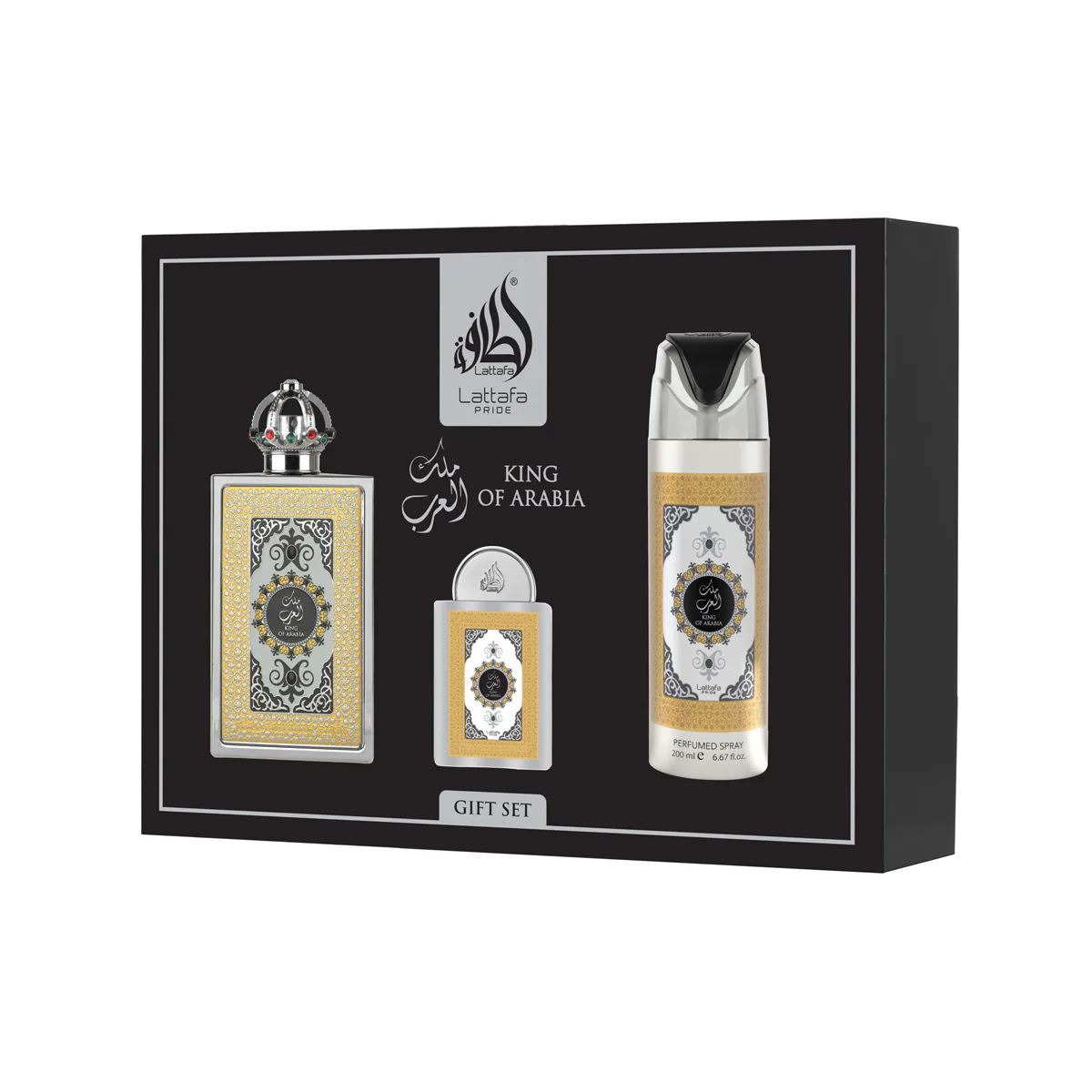 Lattafa Pride King Of Arabia zestaw Woda perfumowana 100 ml + Woda perfumowana 20 ml + Dezodorant 2