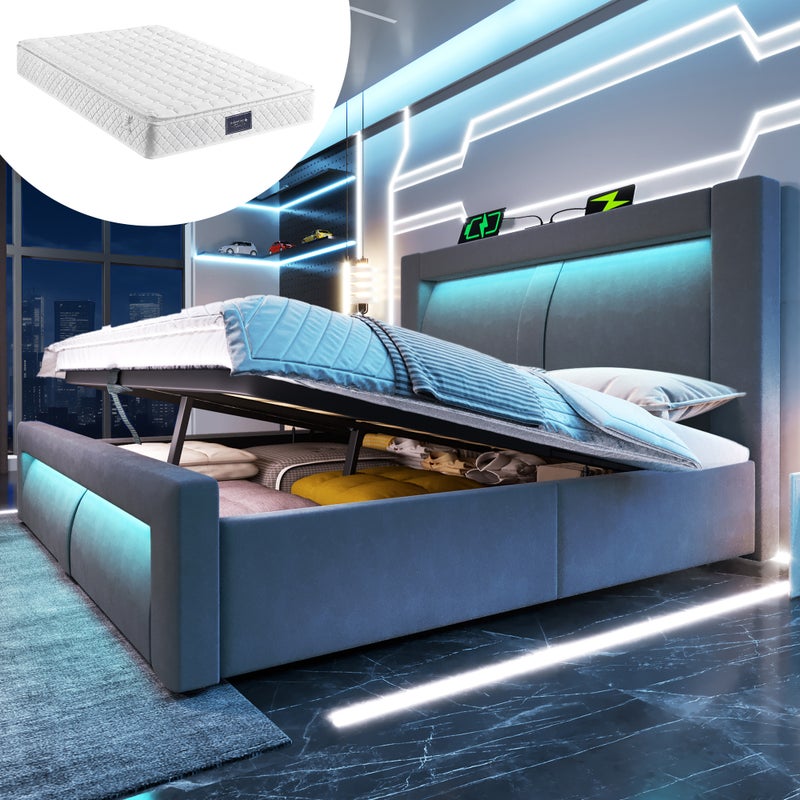 Podwójne łóżko 140x200 cm ze schowkiem, łóżko hydrauliczne, oświetlenie LED ze sterowaniem z aplikacji, porty ładowania USB i typu C, aksamit