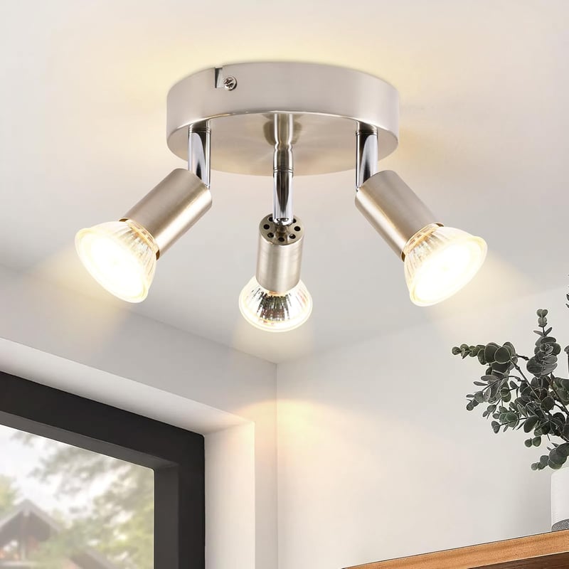 Regulowany reflektor sufitowy LED z 3 punktami – nowoczesny design, chromowany metal, GU10, lampa do salonu, kuchni i przedpokoju